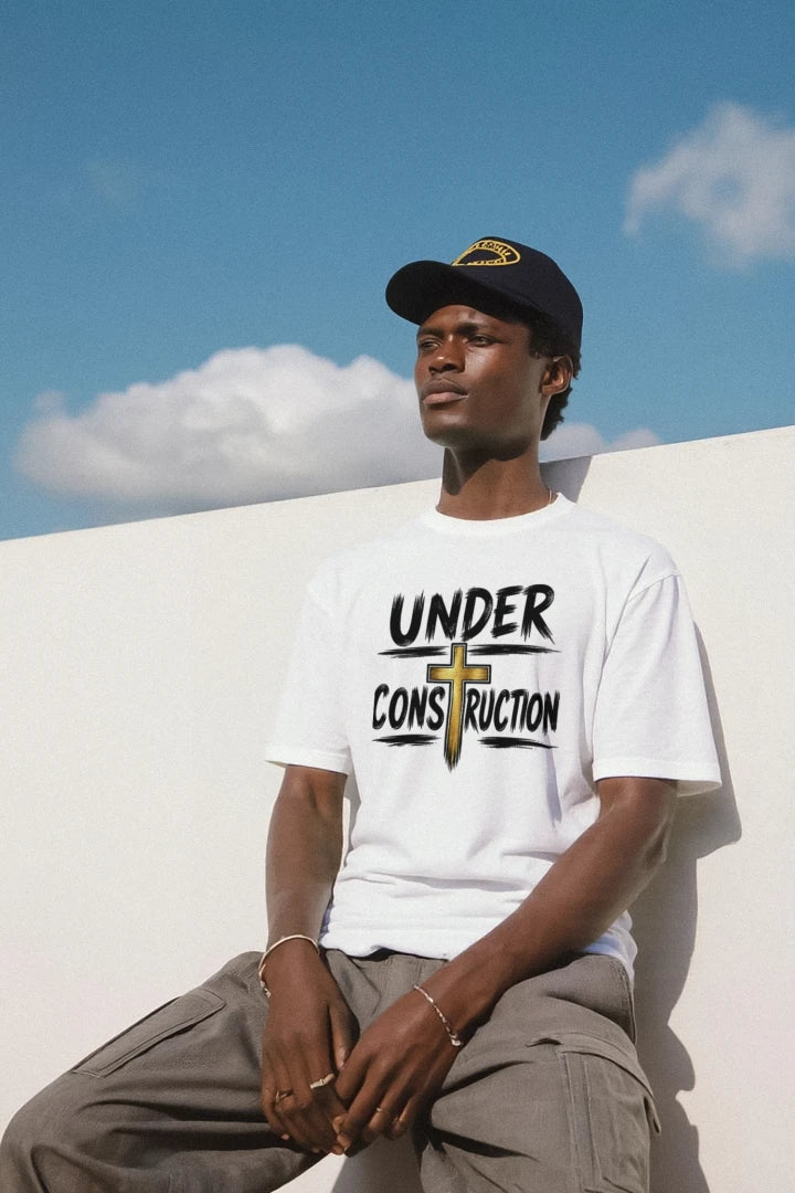 UC Mountain Green graphic tee worn by a model outdoors against a blue sky and white wall.